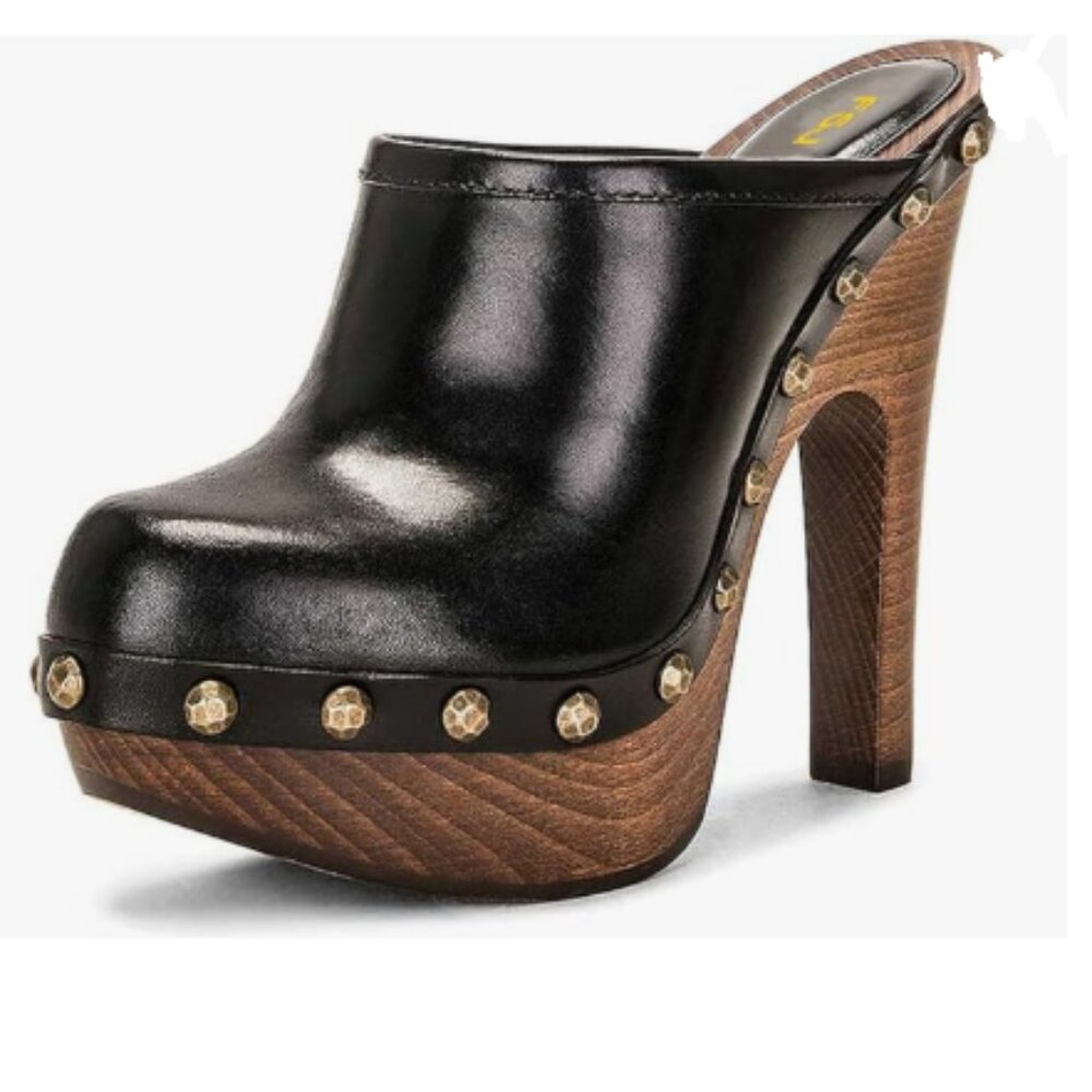 FSJ Black Closed Round Toe Mules Wooden Block High Heel Clogs Slip On Shoes